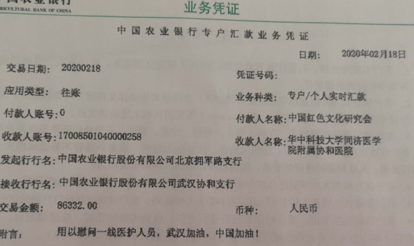 中国红色文化研究会的同志向武汉协和医院捐款